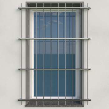 Fenstergitter aus Edelstahl Rundrohr ø 26,9 mm, Montage vor der Fensterlaibung. Höhe 1600 - 2300 mm / 4 Gurte